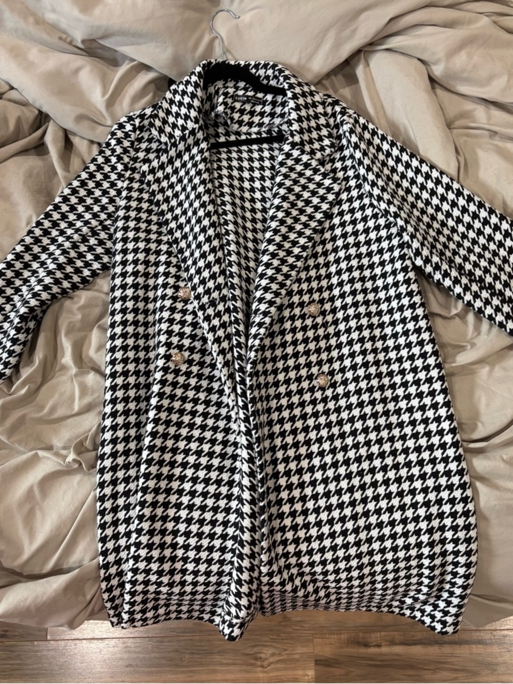 SHEIN Black & White Houndstooth Double-Breasted Pea Coat